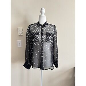 Anthropologie I Madeline Womens Medium 100% Silk Blouse Black White Gold Sheer
